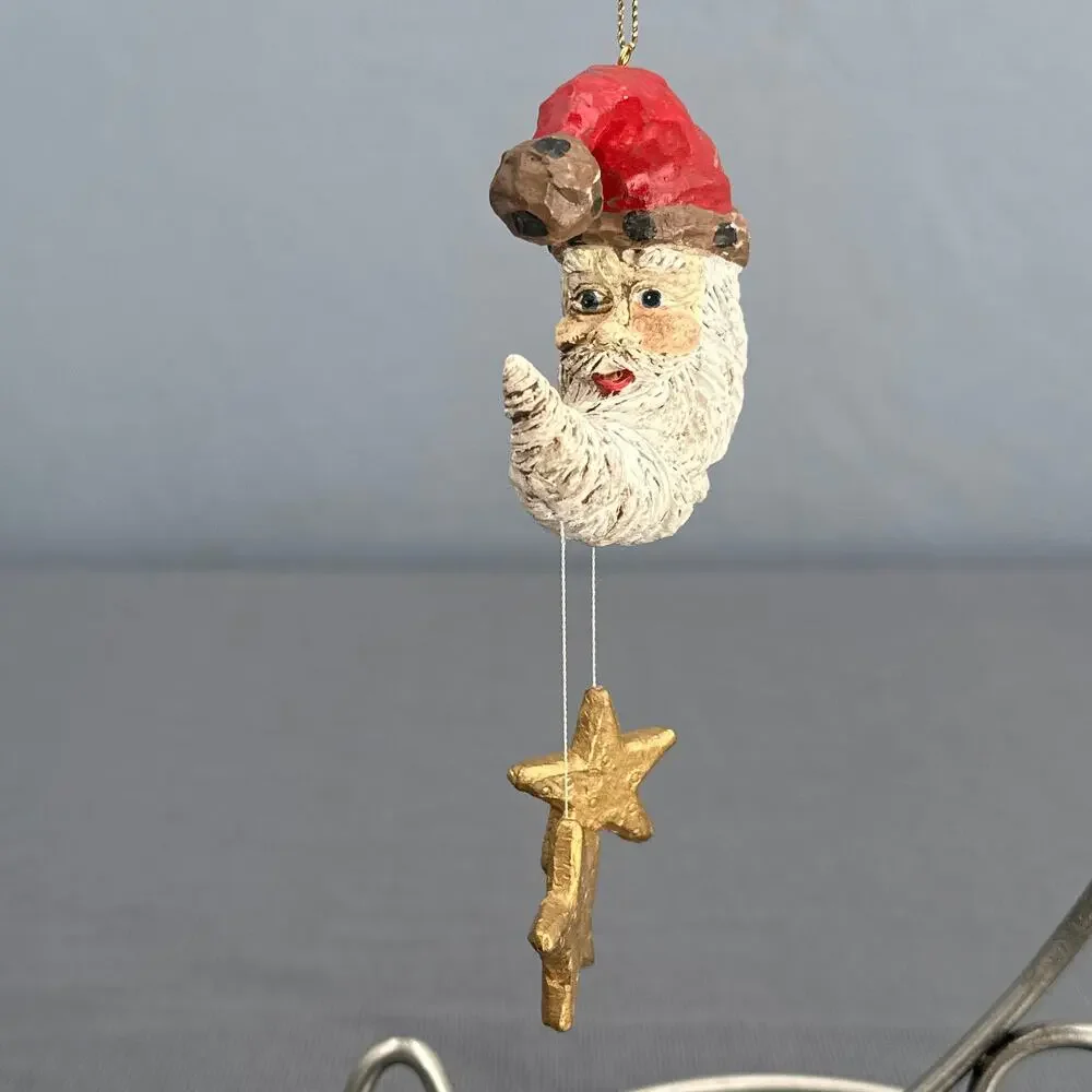 VTG Hand Painted Santa Face Ornament set 3 Red Hat Folk Art Moon Stars Resin 90s